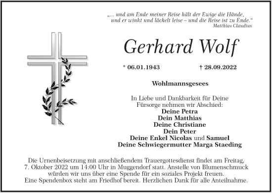 Anzeige von Gerhard Wolf von MGO