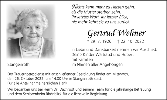 Anzeige von Gertrud Wehner von MGO