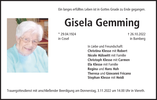 Anzeige von Gisela Lemming von MGO