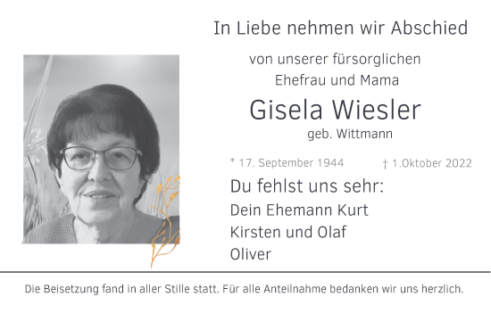 Anzeige von Gisela Wiesler von MGO
