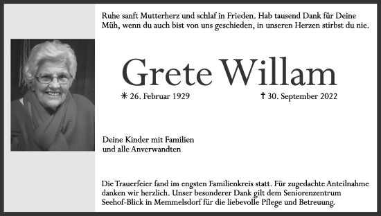 Anzeige von Grete Willam von MGO
