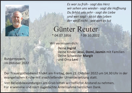 Anzeige von Günter Reuter von MGO