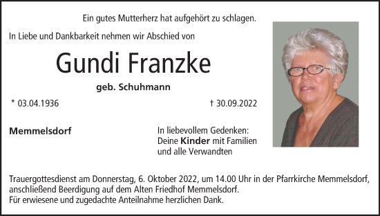 Anzeige von Gundi Franzke von MGO