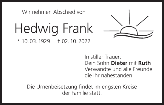 Anzeige von Hedwig Frank von MGO