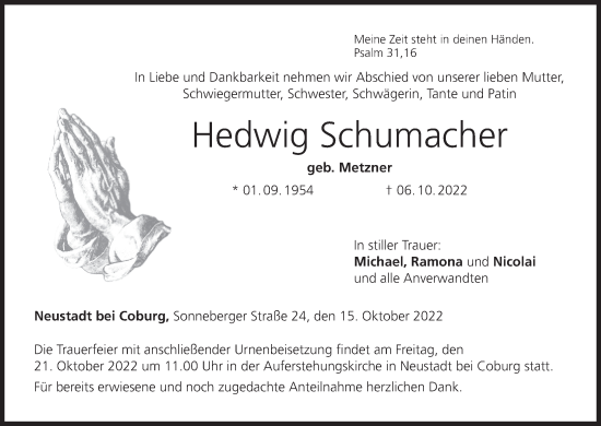 Anzeige von Hedwig Schumacher von MGO