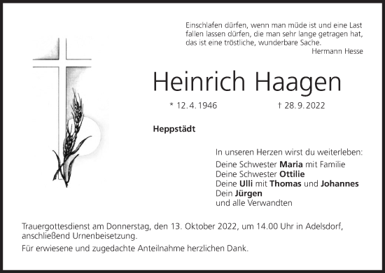 Anzeige von Heinrich Haagen von MGO