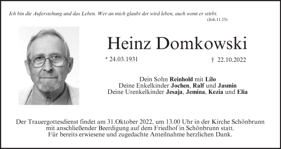 Anzeige von Heinz Domkowski von MGO