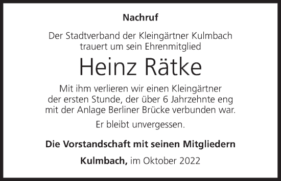 Anzeige von Heinz Rätke von MGO