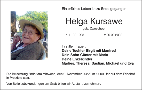Anzeige von Helga Kursawe von MGO