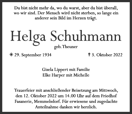 Anzeige von Helga Schuhmann von MGO