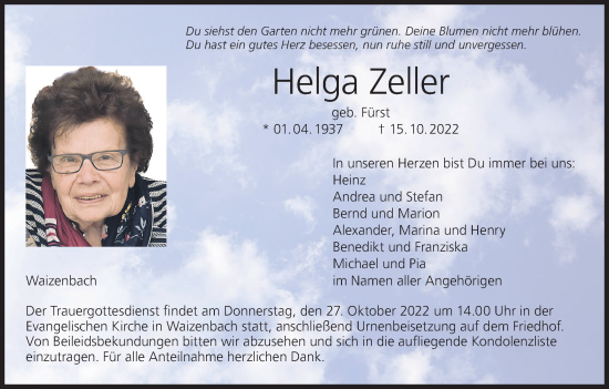 Anzeige von Helga Zeller von MGO