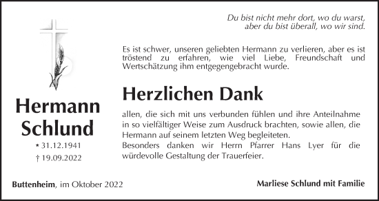 Anzeige von Hermann Schlund von MGO