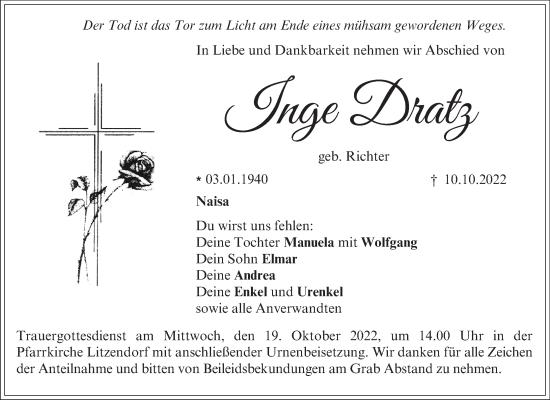 Anzeige von Inge Dratz von MGO