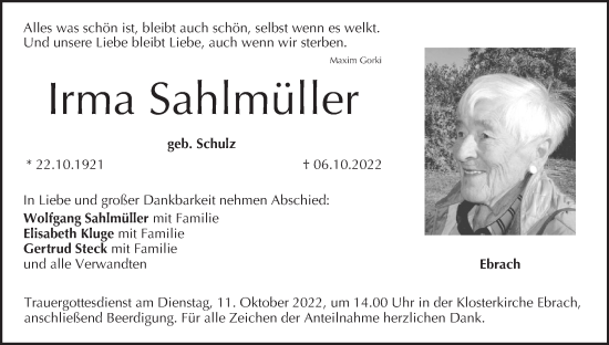 Anzeige von Irma Sahlmüller von MGO