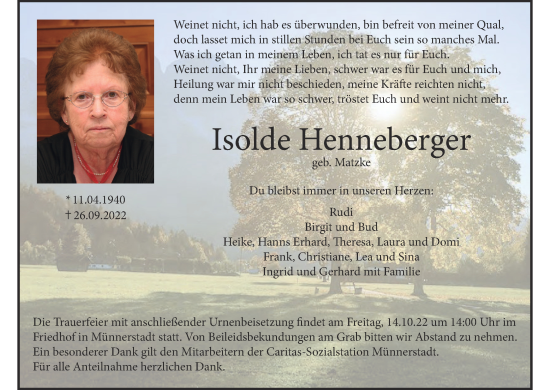 Anzeige von Isolde Henneberger von MGO