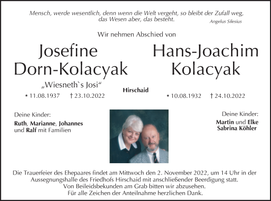 Anzeige von Josefine Dorn-Kolacyak von MGO