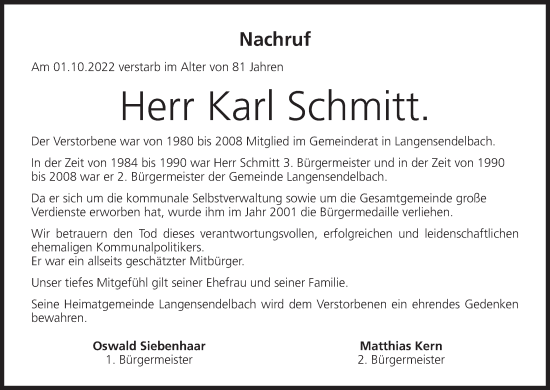 Anzeige von Karl Schmitt von MGO