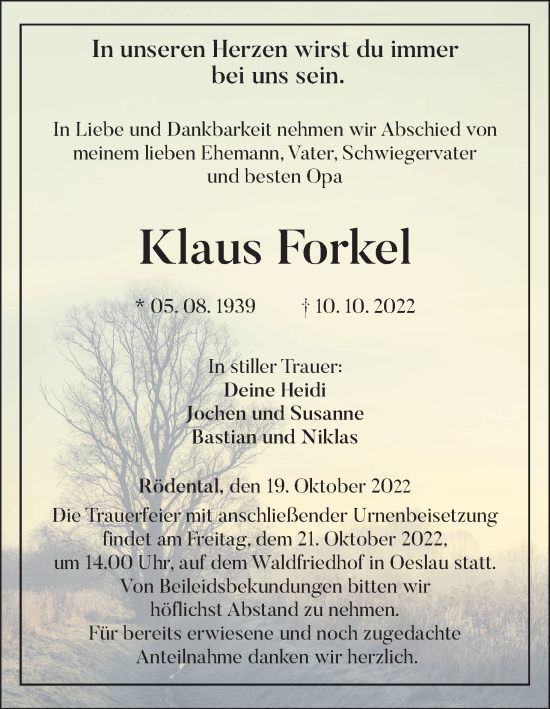 Anzeige von Klaus Forkel von MGO
