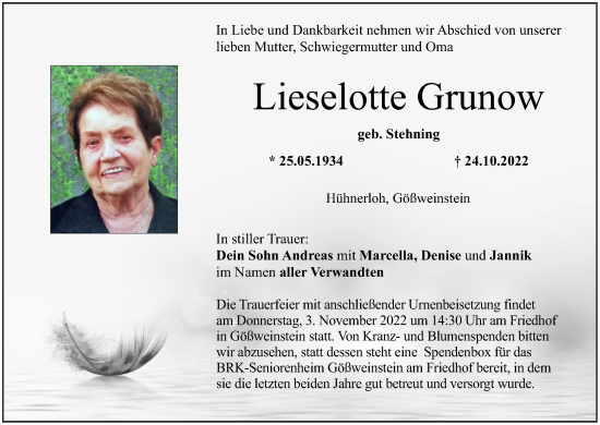 Anzeige von Lieselotte Grunow von MGO