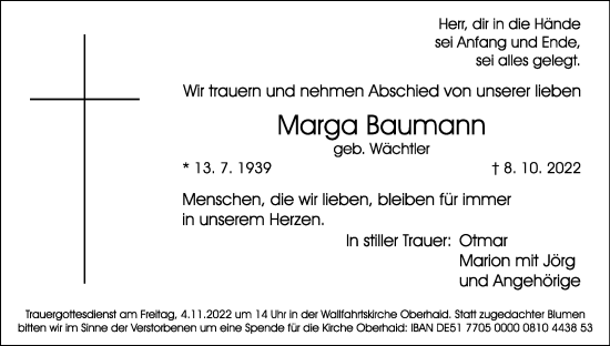 Anzeige von Marga Baumann von MGO