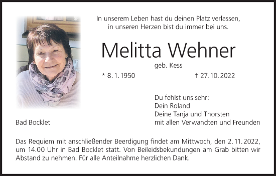 Anzeige von Melitta Wehner von MGO