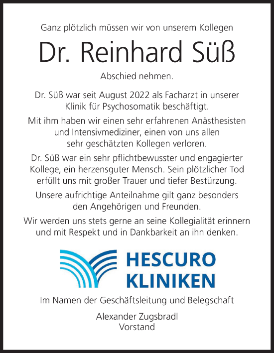 Anzeige von Reinhard Süß von MGO