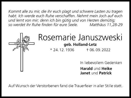Anzeige von Rosemarie Januszweski von MGO