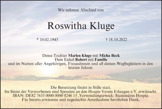 Anzeige von Roswitha Kluge von MGO