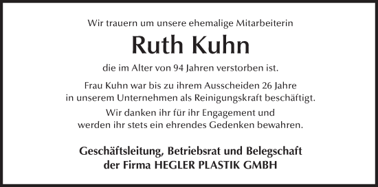 Anzeige von Ruth Kuhn von MGO