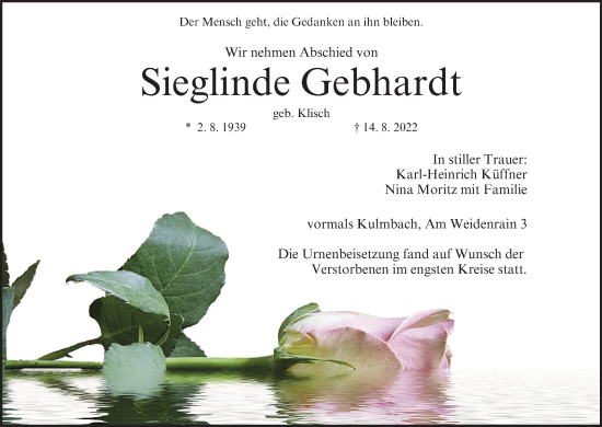 Anzeige von Sieglinde Gebhardt von MGO