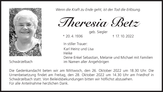 Anzeige von Theresia Betz von MGO