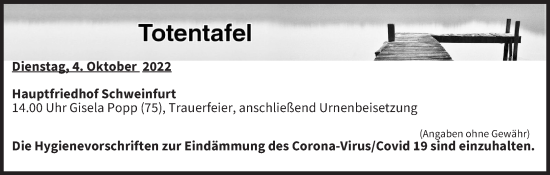 Anzeige von Totentafel vom 04.10.2022 von MGO