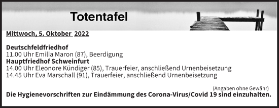 Anzeige von Totentafel vom 05.10.2022 von MGO