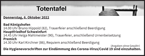 Anzeige von Totentafel vom 06.10.2022 von MGO