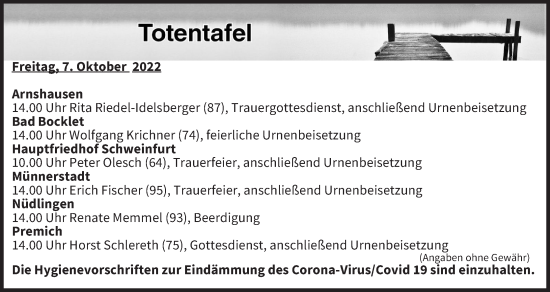Anzeige von Totentafel vom 07.10.2022 von MGO
