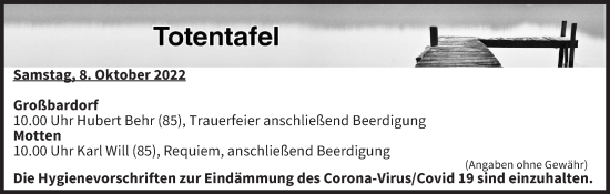 Anzeige von Totentafel vom 08.10.2022 von MGO