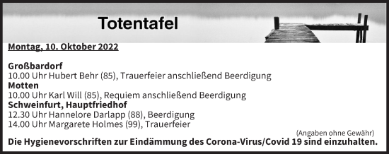 Anzeige von Totentafel vom 10.10.2022 von MGO