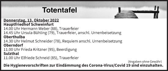 Anzeige von Totentafel vom 13.10.2022 von MGO