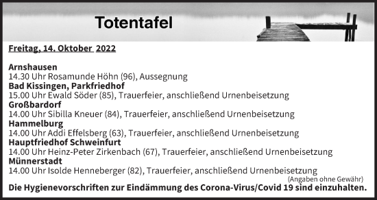 Anzeige von Totentafel vom 14.10.2022 von MGO