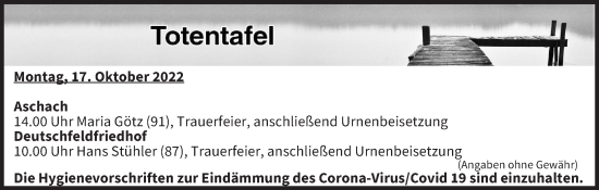 Anzeige von Totentafel vom 17.10.2022 von MGO