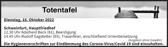 Anzeige von Totentafel vom 18.10.2022 von MGO