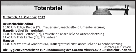 Anzeige von Totentafel vom 19.10.2022 von MGO