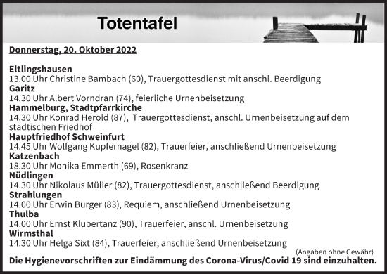Anzeige von Totentafel vom 20.10.2022 von MGO