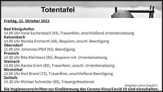 Anzeige von Totentafel vom 21.10.2022 von MGO