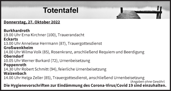 Anzeige von Totentafel vom 27.10.2022 von MGO