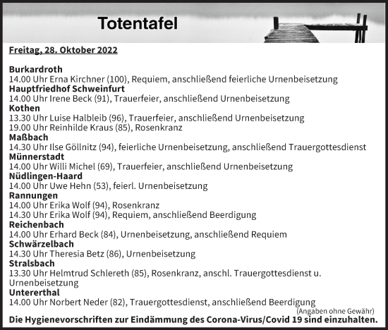 Anzeige von Totentafel vom 28.10.2022 von MGO