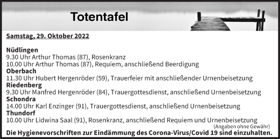Anzeige von Totentafel vom 29.10.2022 von MGO