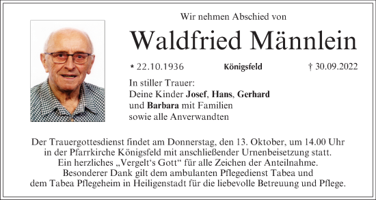 Anzeige von Waldfried Männlein von MGO