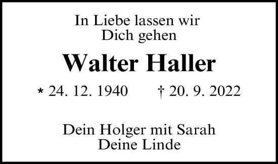Anzeige von Walter Haller von MGO