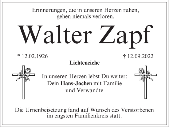 Anzeige von Walter Zapf von MGO